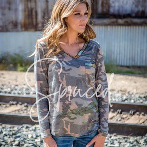 Camo V-Neck with Sequin Trim